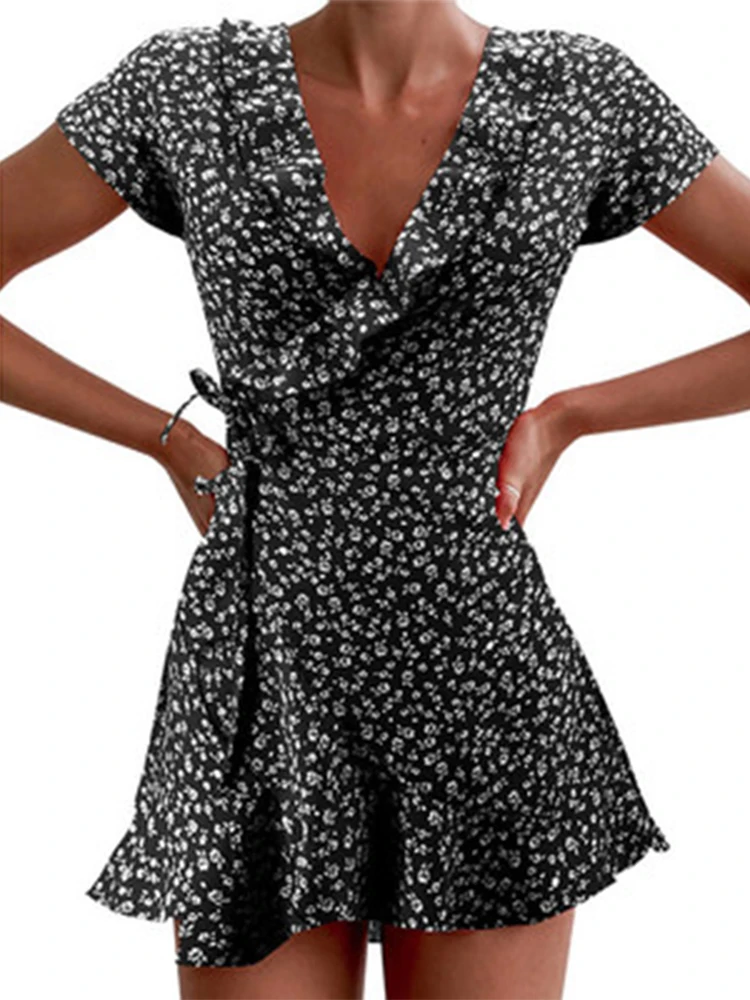 Summer Women’s Floal A-Line Dress Sweet Elegant Floral Ruffles V-neck Bandage Short Dress for Lady Chic Flowers Mini Dress - Image 7