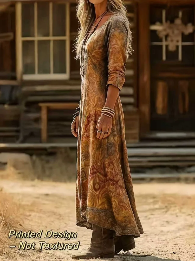 Women's Spring/Summer Vintage Ethnic Floral Art Print V-Neck Long Sleeve Dress, Bohemian Casual Midi Dress - Soft Stretchy Material - Image 5