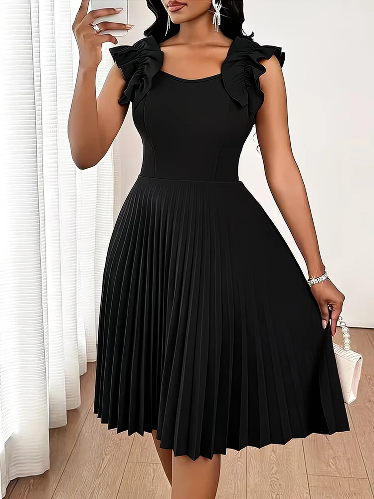Plus Size Black Elegant Ruffle Trim Sleeveless Dress Women 2026 Summer High Waist Office Ladies Pleated Midi Dresses - Image 5