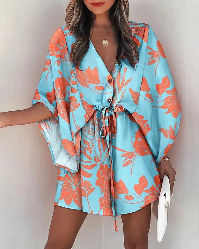 Summer Dress For Women 2024 New Floral Print Bat Half-Sleeve V-Neck Ruffle Irregular Hem Female Dress Casual Boho Women Clothes - Image 4