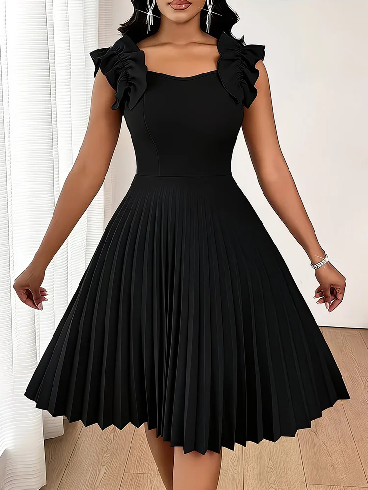 Plus Size Black Elegant Ruffle Trim Sleeveless Dress Women 2026 Summer High Waist Office Ladies Pleated Midi Dresses
