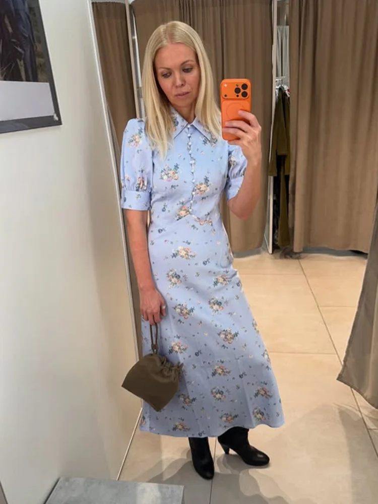 Pearl Button Floral Long Dress Woman Lapel Short Bubble Sleeve Waist Cinched Print Slim Dresses Elegant Fashion Lady's New Dress - Image 7