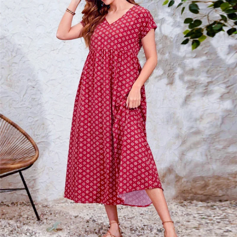 Plus size women’s dress, Bohemian ethnic style printed V-neck batball sleeve dress, elastic waist, with pockets