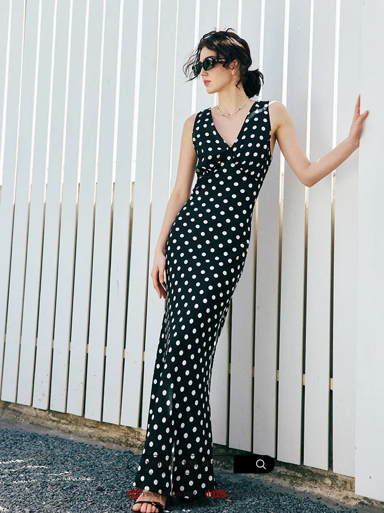 Woman Maxi Dress, 100%Real Silk, Bias cut, Dots Printed Long Dresses, 2025 Spring Summer Clothes, Black - Image 7