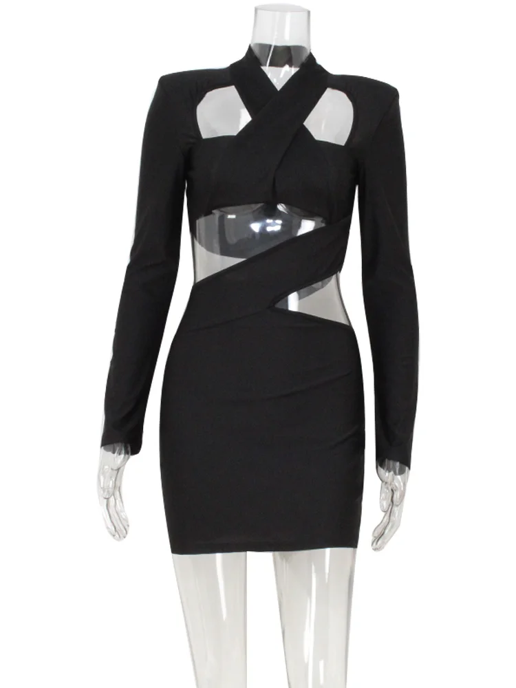 Ahagaga Sexy Club Women's Mini Dresses Solid Hollow Out V-Neck Regular Long Sleeves Sheath Bodycon Slim Fit Streetwear Vestidos - Image 6