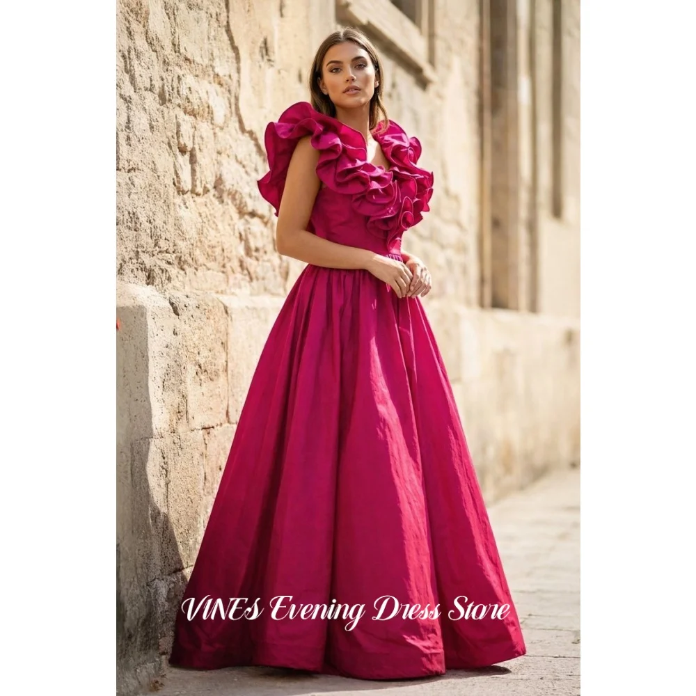Fuchsia Prom Dress Voluminous Satin Evening Dress With Ruffle Neck A-Line Floor-Length Formal Party Gown