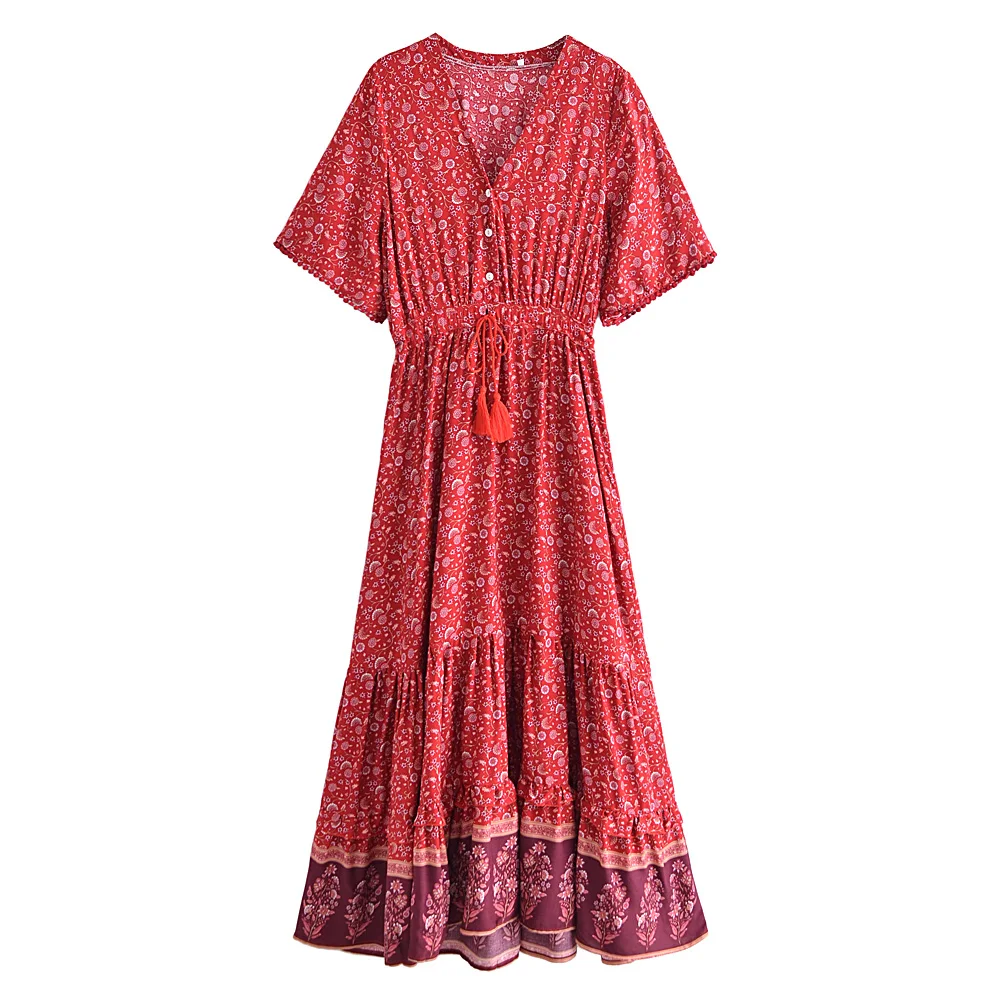 Happie Queens Fashion Women Floral Print V-neck Rayon Cotton Beach Bohemian Dresses Ladies Tassel Summer Boho Maxi Dress - Image 8