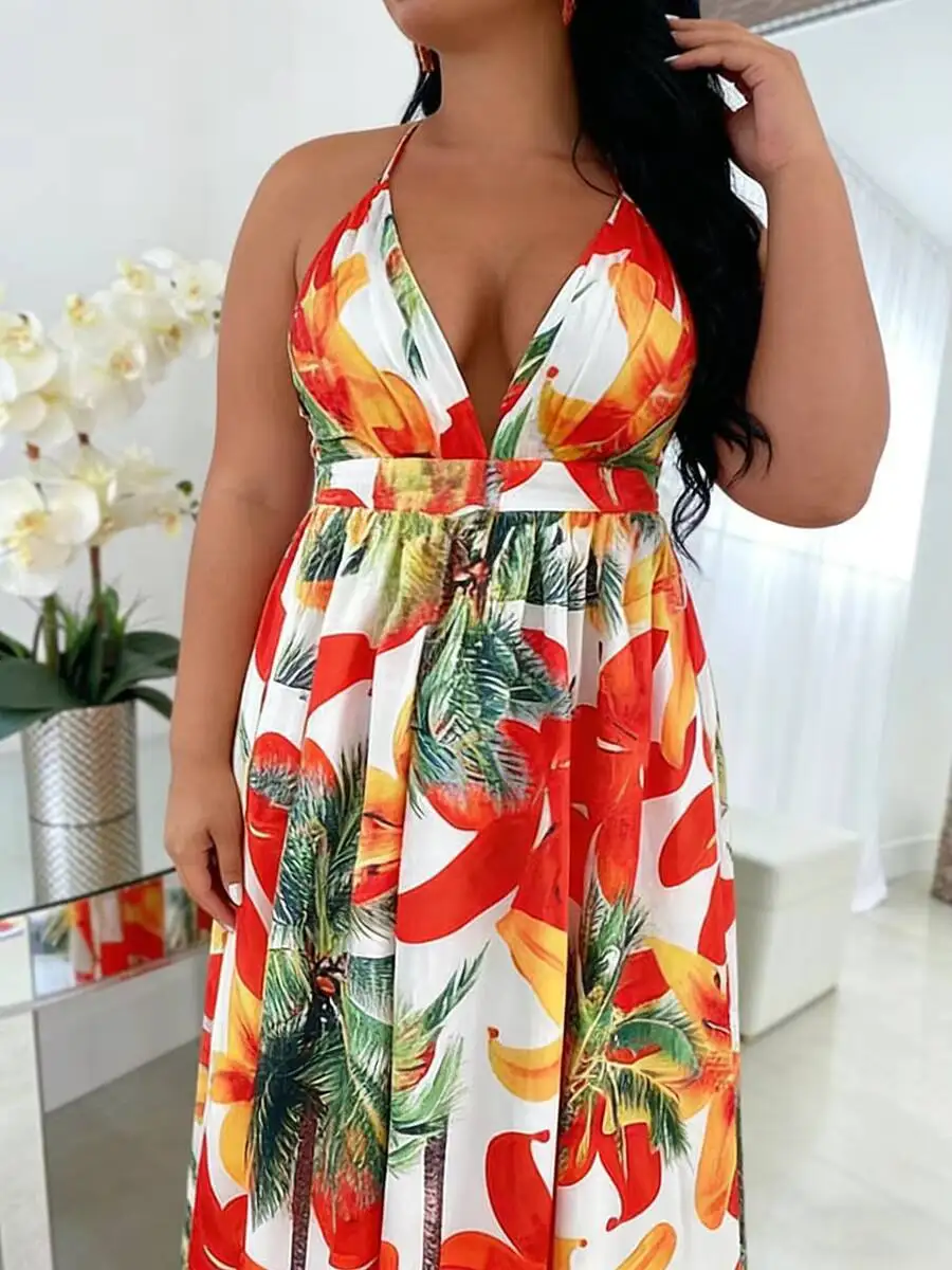 Women's Plus Size Cami Dress Deep V-neck Tropical Plant Print High Waist A Line Maxi Dress Spring Summer Boho Vacation Dress - Image 5