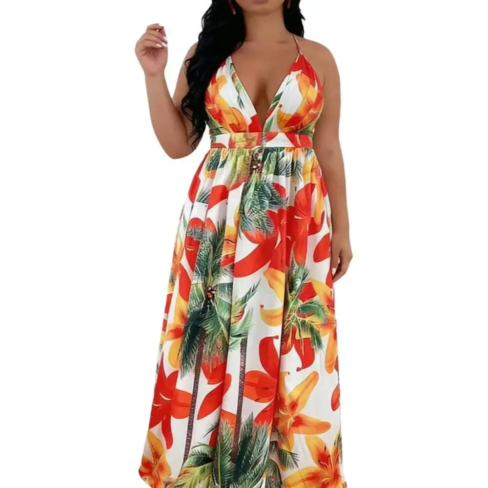 Women's Plus Size Cami Dress Deep V-neck Tropical Plant Print High Waist A Line Maxi Dress Spring Summer Boho Vacation Dress - Image 7