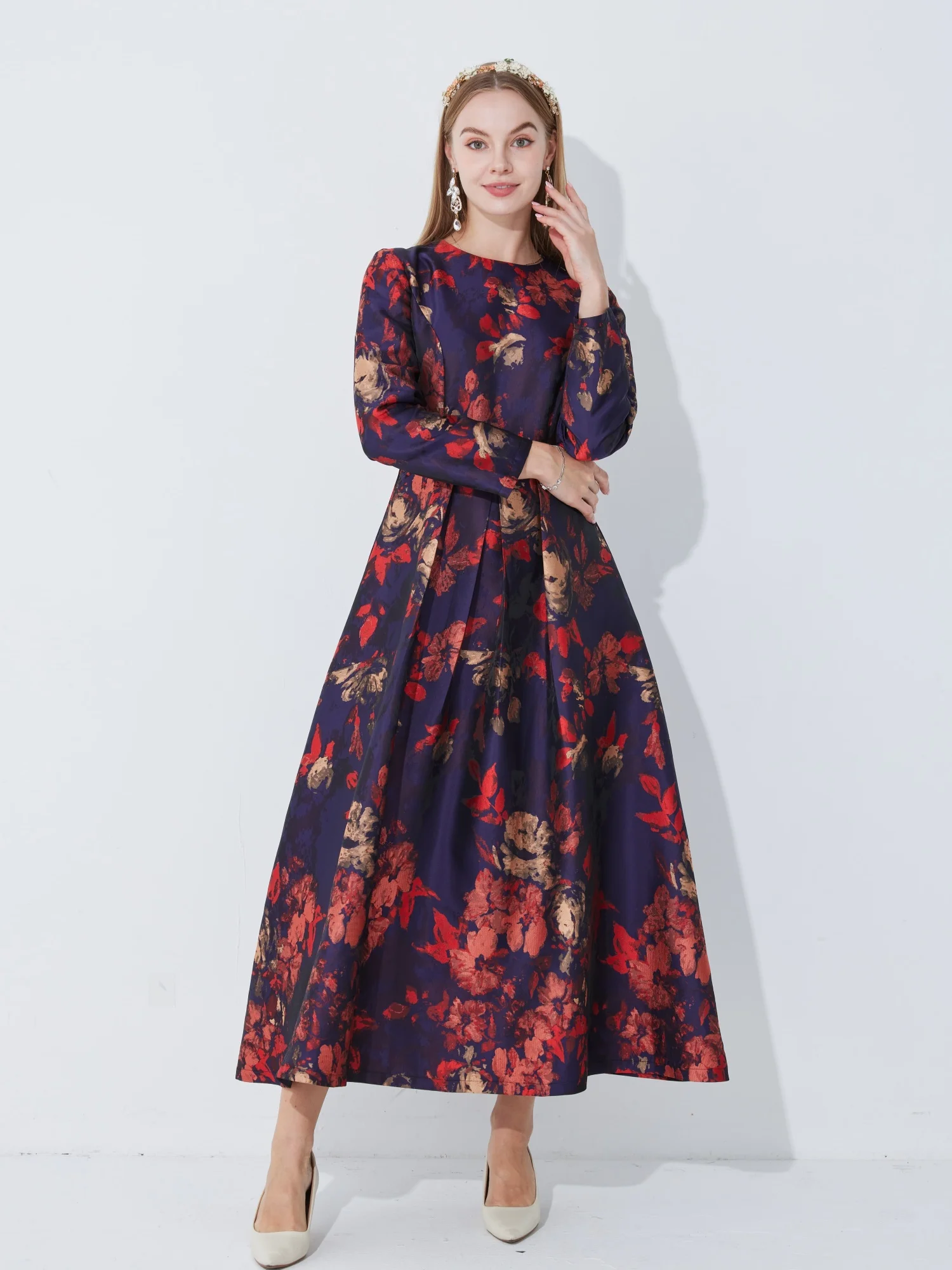 2025 Light Luxury High-End Plus Size Dress - Jacquard Round Neck Long Sleeve Tummy-Control Elegant Evening Gown - Image 7