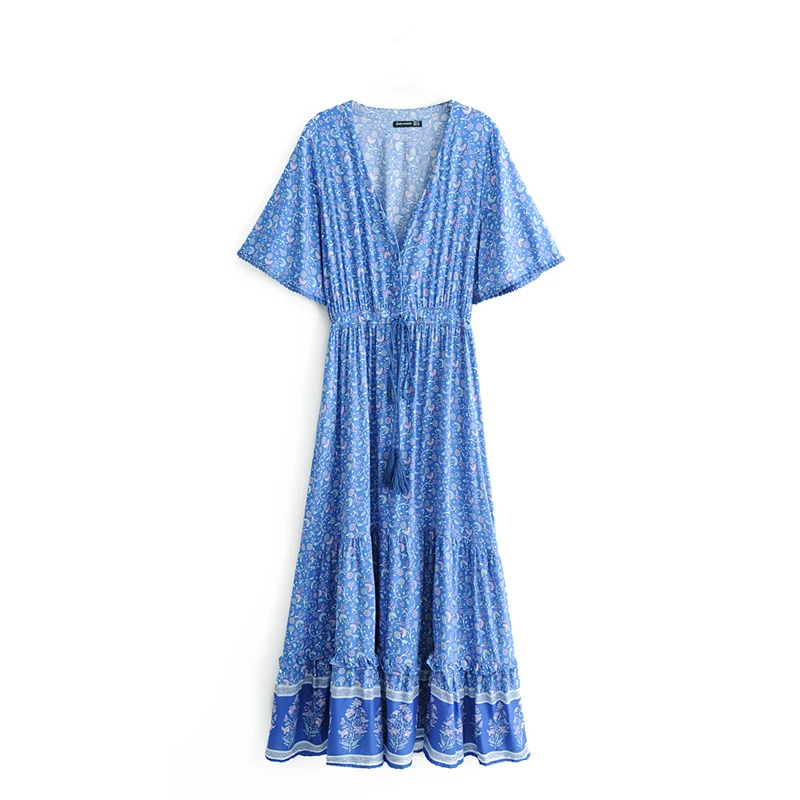 Happie Queens Fashion Women Floral Print V-neck Rayon Cotton Beach Bohemian Dresses Ladies Tassel Summer Boho Maxi Dress - Image 9