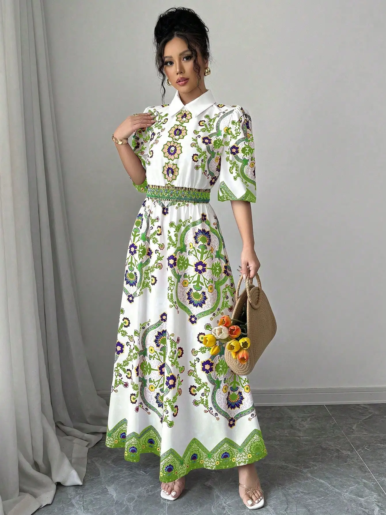 Vintage Floral Totem Print Women's Shirt Dress Elegant Turn Down Collar Puff Sleeve High Waist Long Dress For Beach Vacation - Image 6