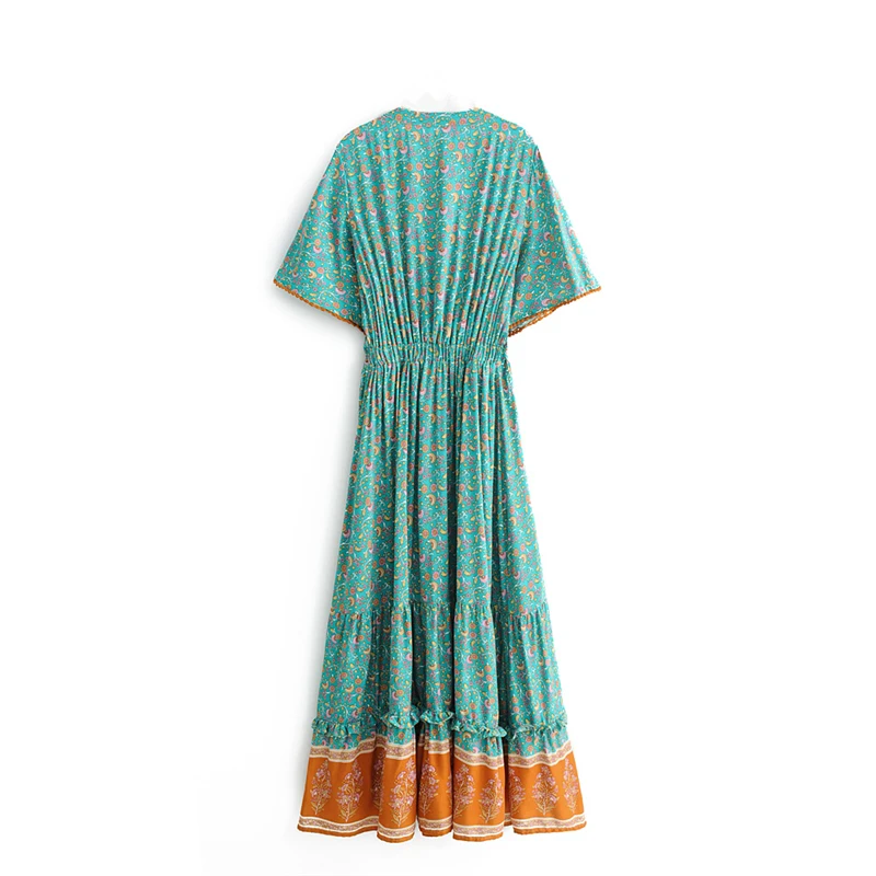 Happie Queens Fashion Women Floral Print V-neck Rayon Cotton Beach Bohemian Dresses Ladies Tassel Summer Boho Maxi Dress - Image 6