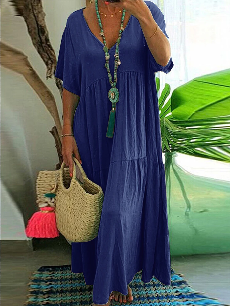 plus Size Women's Casual Loose V-Neck Solid Long Dress Spring Summer Pleated Big Size Women's Dress - Image 5