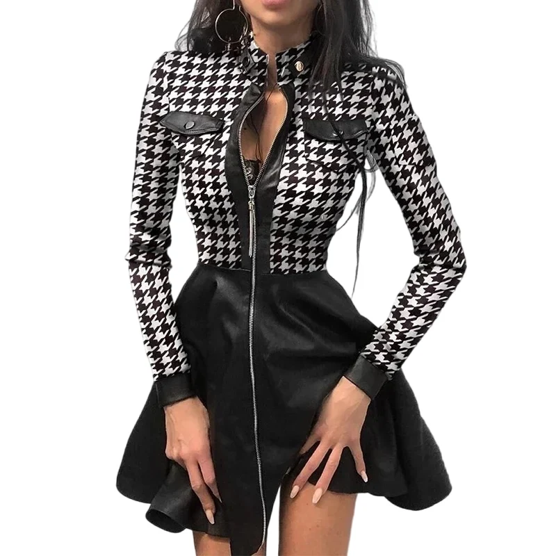 Sexy Sheath Mini Dress For Women Zipper Pockets Lace Long Sleeve Patchwork Party Dresses Elegant Stand Neck Button Slim Vestidos - Image 6