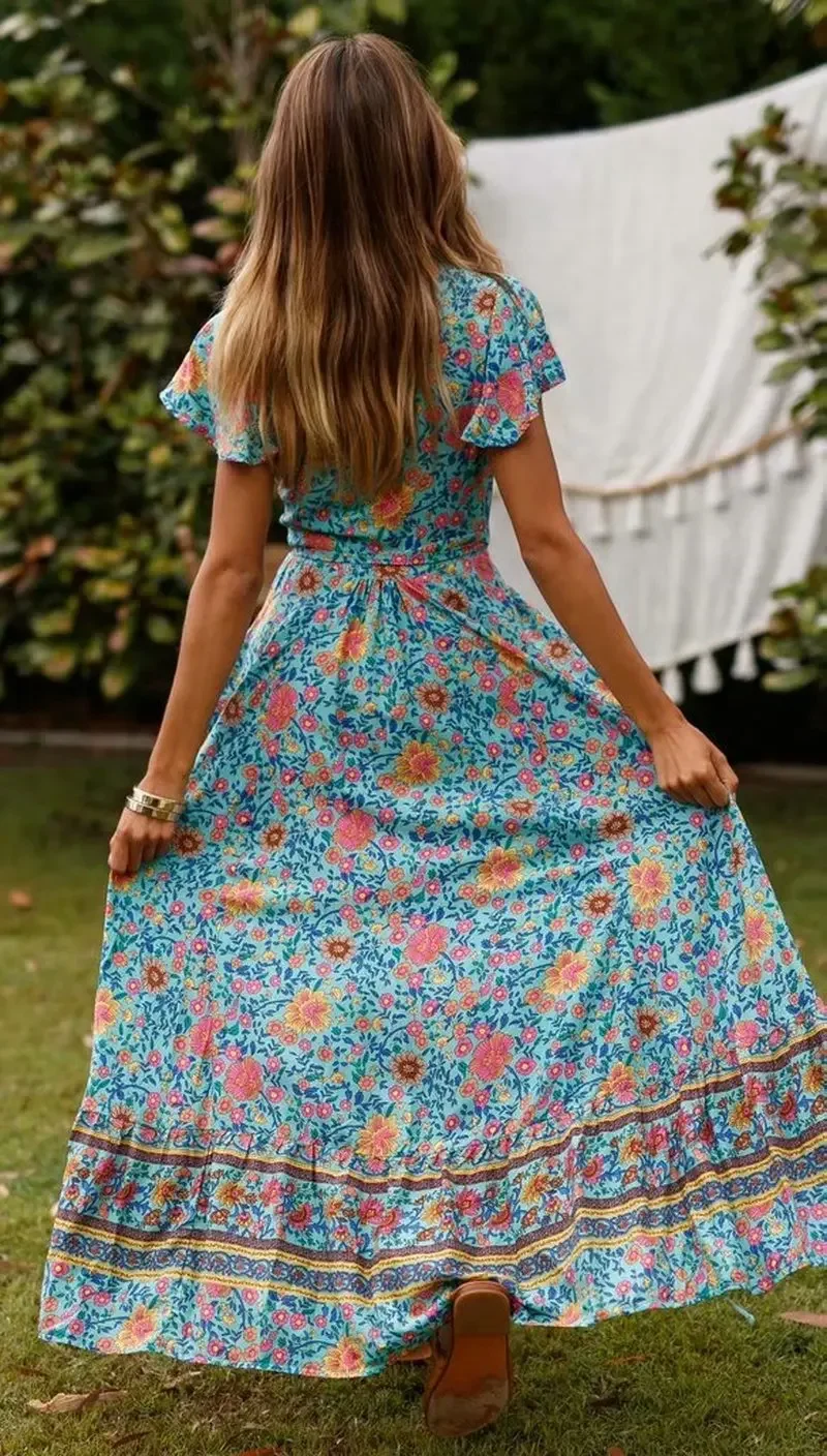 Happie Queens Women Floral Print Bat Sleeve Beach Bohemian Maxi Dress Ladies Sashes Boho Wrap Dresses Robe Bikini Cover-ups - Image 2