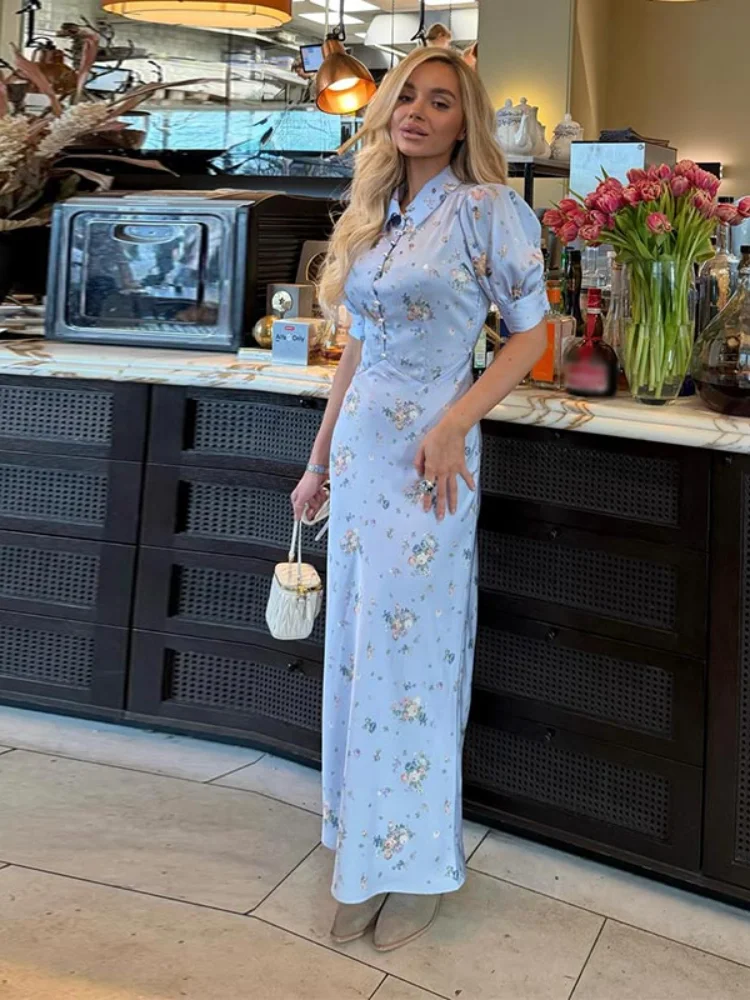 Pearl Button Floral Long Dress Woman Lapel Short Bubble Sleeve Waist Cinched Print Slim Dresses Elegant Fashion Lady's New Dress - Image 2