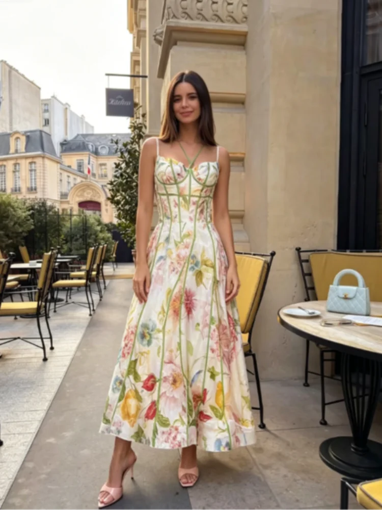 Elegant Floral Print Halter Dress Women Sleeveless Waist-closed A-line Dresses 2026 Spring Summer Fashion Female Vacation Robe - Image 2