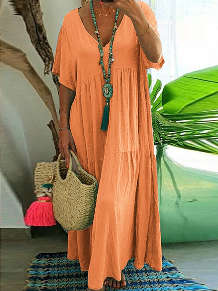 plus Size Women's Casual Loose V-Neck Solid Long Dress Spring Summer Pleated Big Size Women's Dress - Image 10
