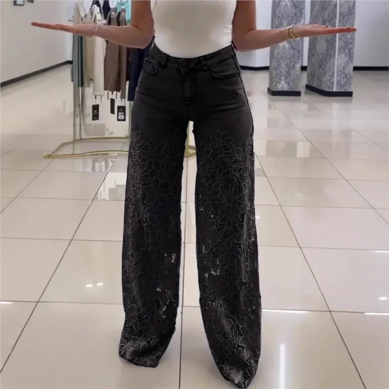 Fashion Elegant Jeans for Women High Waist Lace Patchwork Pantalones Hollow Out Oversized Spring Casual Loose All Match Pants - Image 4