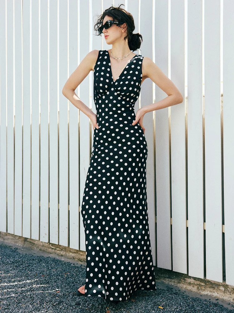 Woman Maxi Dress, 100%Real Silk, Bias cut, Dots Printed Long Dresses, 2025 Spring Summer Clothes, Black - Image 2