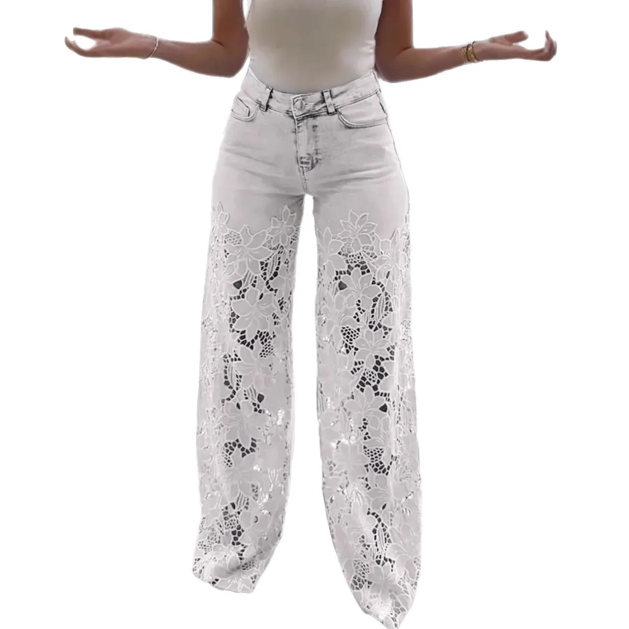 Fashion Elegant Jeans for Women High Waist Lace Patchwork Pantalones Hollow Out Oversized Spring Casual Loose All Match Pants - Image 8