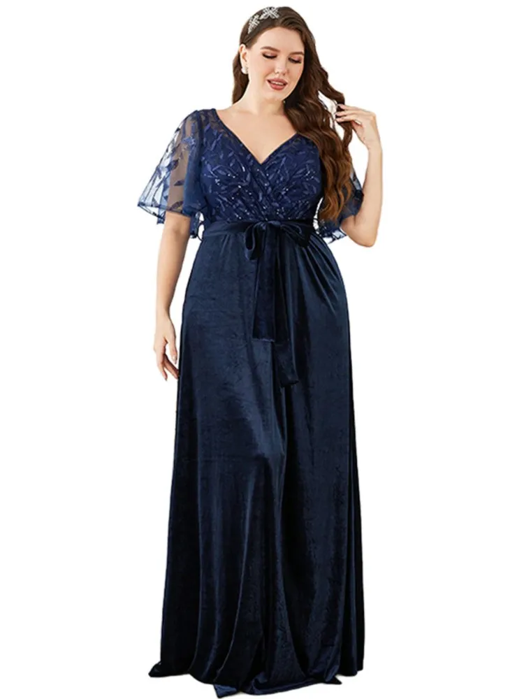 Plus Size Summer Formal Dress Women Sequin Bling Floral Velvet Patchwork Fashion Elegant Ladies Dresses High Waist Woman Dress - Image 5