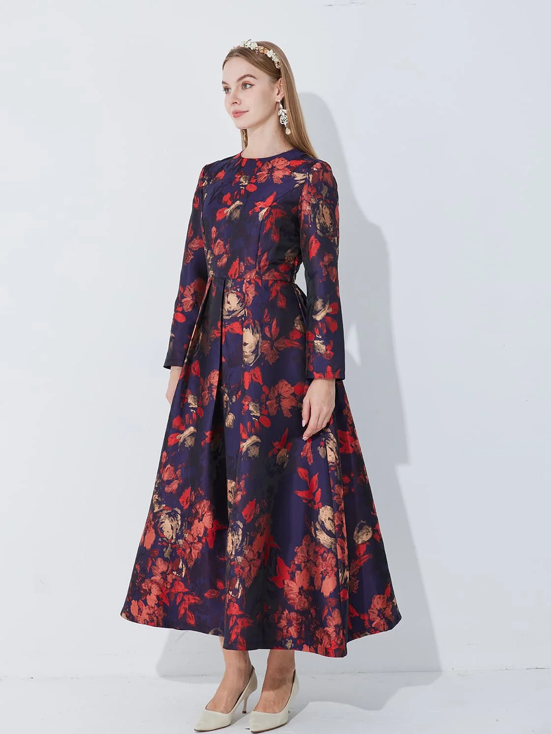 2025 Light Luxury High-End Plus Size Dress - Jacquard Round Neck Long Sleeve Tummy-Control Elegant Evening Gown - Image 3