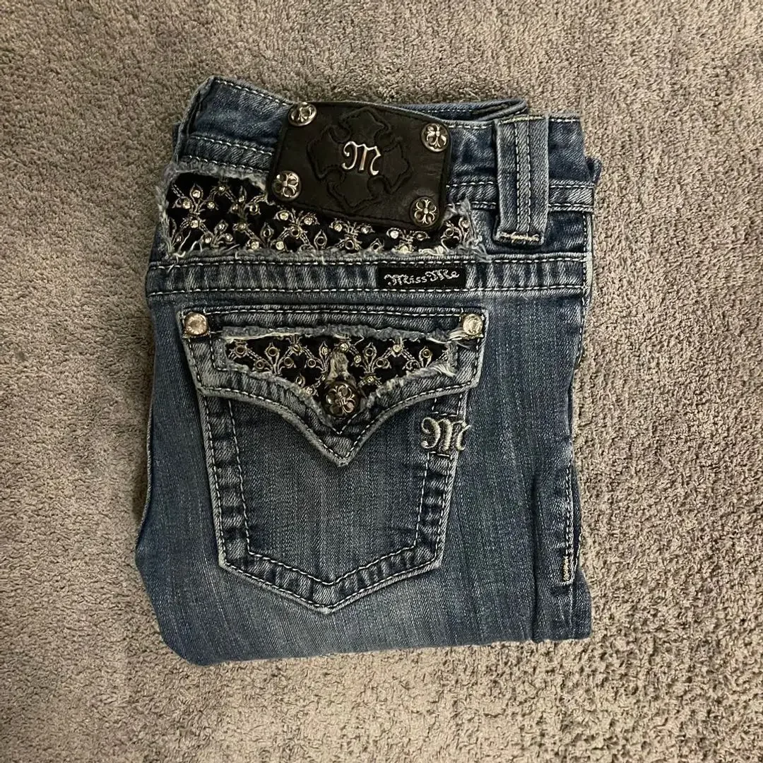 American Pocket Embroidered Sequin Jeans Harajuku Retro Blue Loose Jeans New Fashionable High Waisted Slim Fit Flared Pants - Image 2