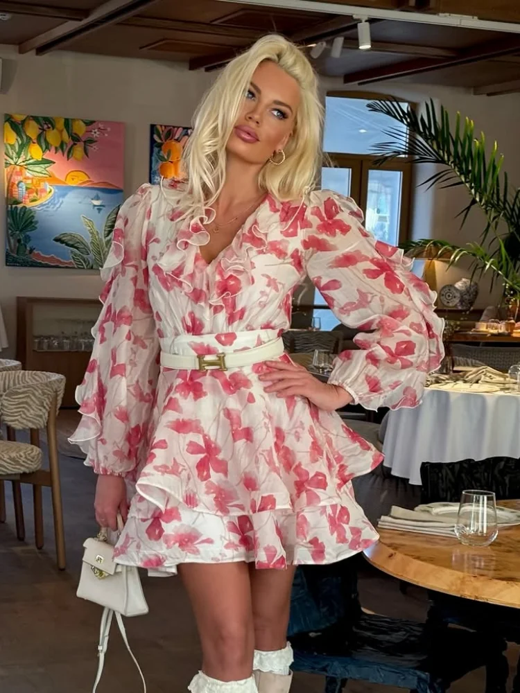 Slim Print Sweet Casual Dress Fashion V-neck Long Sleeve High Waist A Line Mini Dresses 2026 Elegant Ruffles Summer Dresses - Image 6