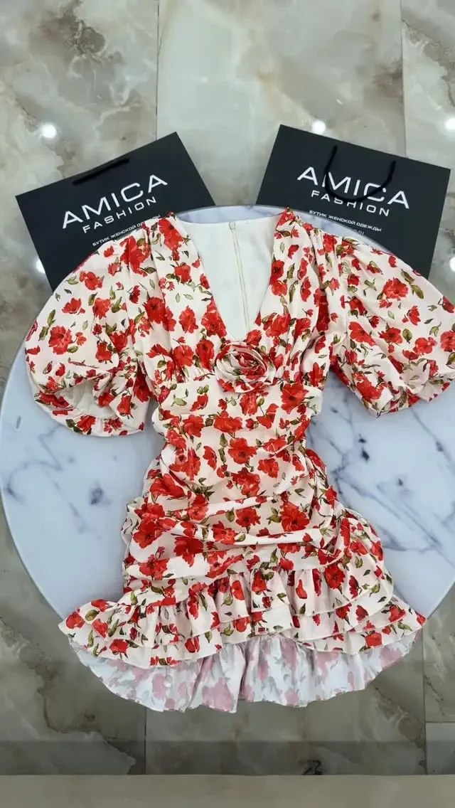 White Red Floral Ruched Puff Sleeve Mini Dress V-neck Ruffle Hem 3d Flower Dresses Summer Lady Party Sweet Date Vestido New 2026 - Image 7