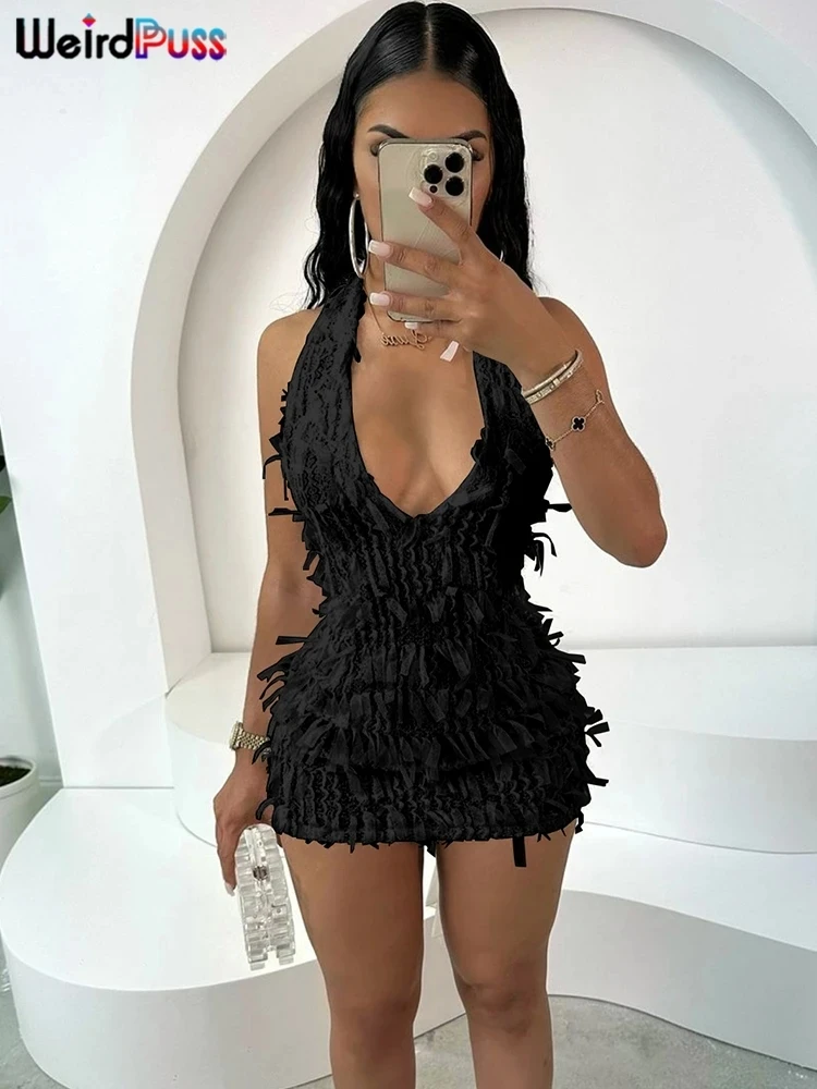 Weird Puss Sexy Halter Tassel Dress Women Y2K Elegant See Through Summer Trend Backless Skinny Stretch Midnight Bodycon Clubwear - Image 2