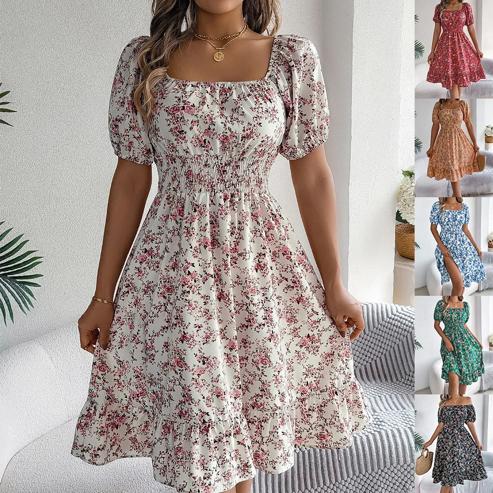 Summer Women's Beach Dress Floral 3D Print Square Neck Short-Sleeved Ladies Waist Ruffled A-Line Dress For Women Holiday Dresses - Image 3