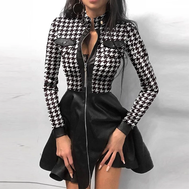 Sexy Sheath Mini Dress For Women Zipper Pockets Lace Long Sleeve Patchwork Party Dresses Elegant Stand Neck Button Slim Vestidos - Image 9