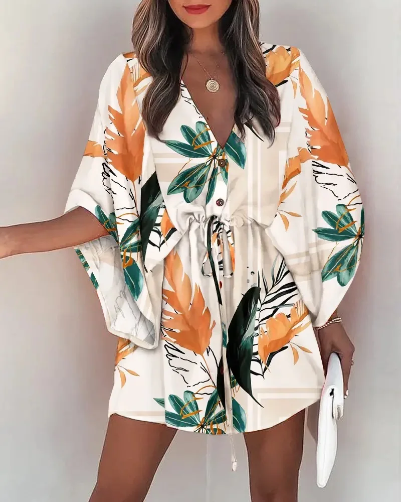 Summer Dress For Women 2024 New Floral Print Bat Half-Sleeve V-Neck Ruffle Irregular Hem Female Dress Casual Boho Women Clothes - Image 2