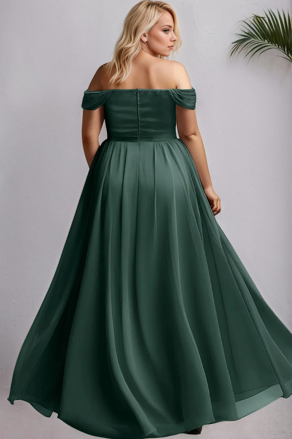 Plus Size Emerald Green Off Shoulder Maxi Dress Sweetheart Neck Ruched Bodice High Slit Chiffon Bridesmaid Evening Gown - Image 2
