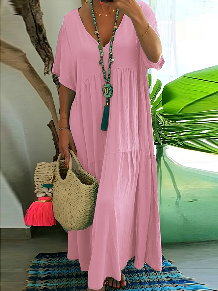 plus Size Women's Casual Loose V-Neck Solid Long Dress Spring Summer Pleated Big Size Women's Dress - Image 9