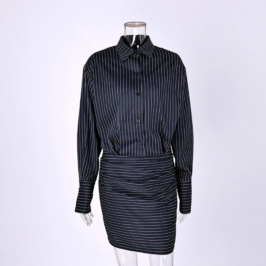 Linad Elegant High Waist Stripe Shirt Mini Mdi Dress Women 2025 Street Chic Long Sleeve Slim Dresses Female Office Single Breasted Dress - Image 6