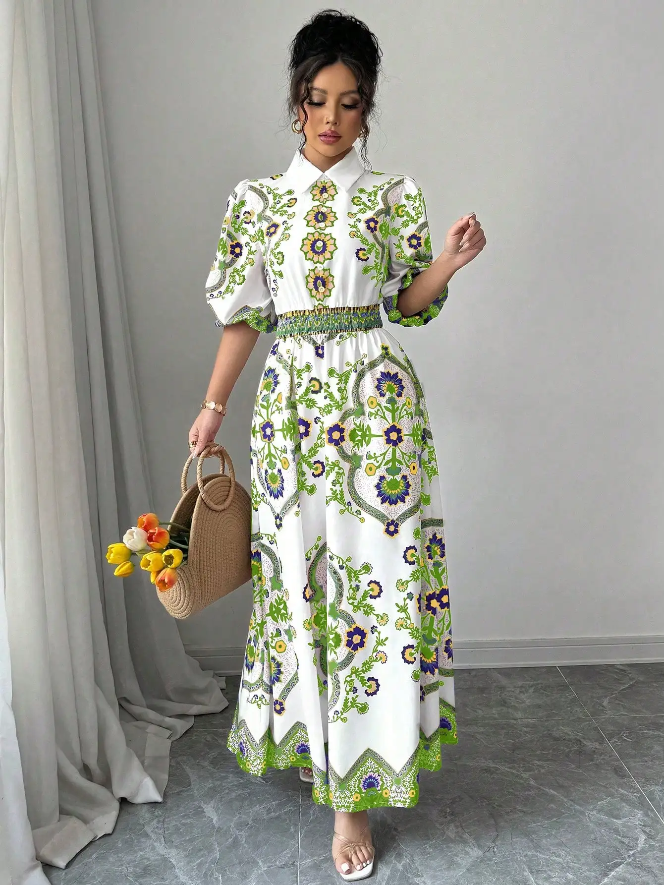Vintage Floral Totem Print Women’s Shirt Dress Elegant Turn Down Collar Puff Sleeve High Waist Long Dress For Beach Vacation