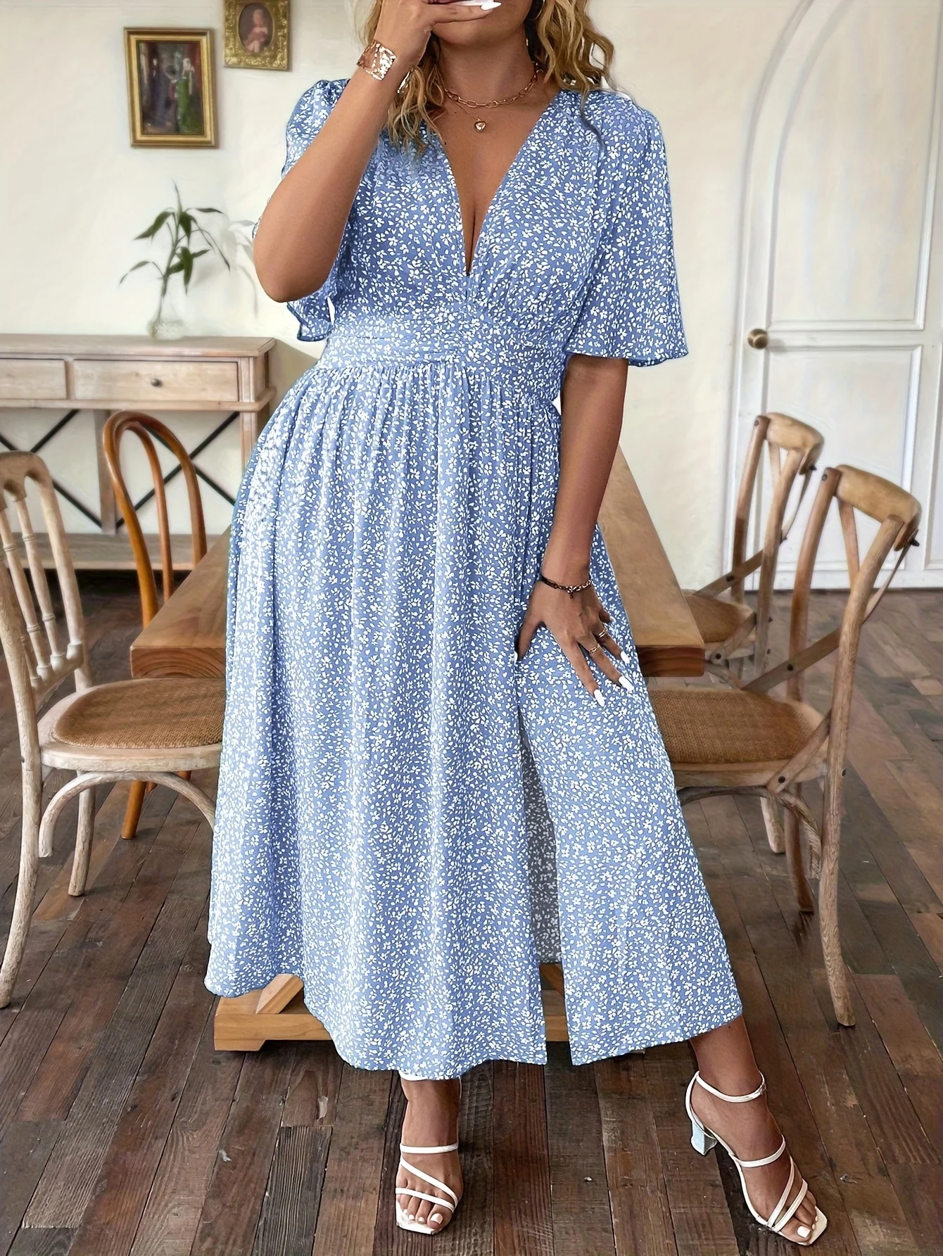 Summer Large Size Women's Romantic Floral V-Neck Short Sleeve Waist-Cinched A-Line Holiday Dress - Image 5