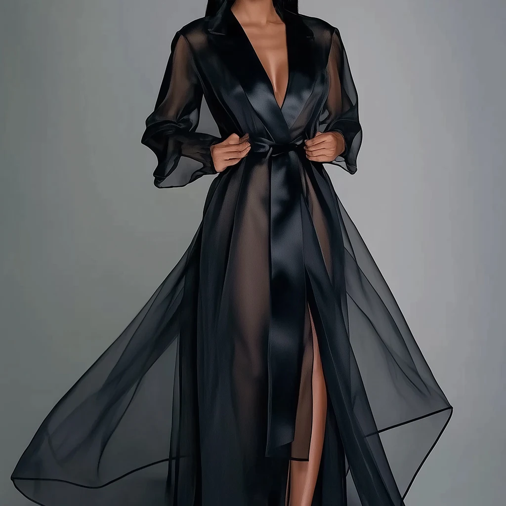 Women Maxi Dress Solid Organza See Through Lapel Long Sleeve Robe Summer Autumn Fashion Lace Up Gown Satin Silk Party Dress