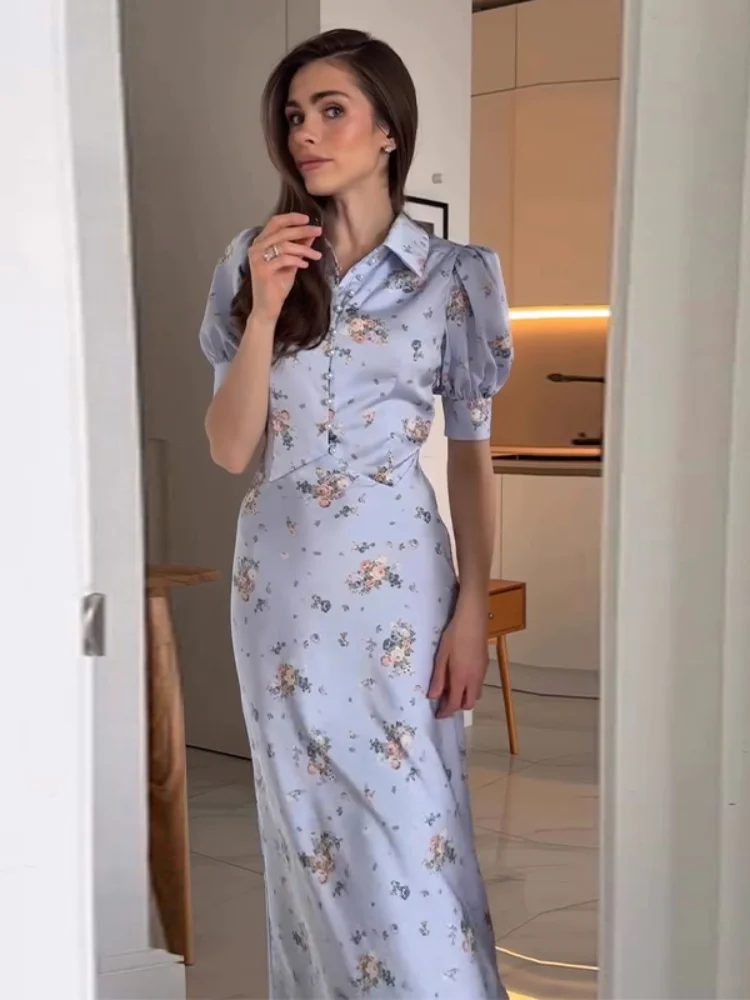 Pearl Button Floral Long Dress Woman Lapel Short Bubble Sleeve Waist Cinched Print Slim Dresses Elegant Fashion Lady's New Dress - Image 5