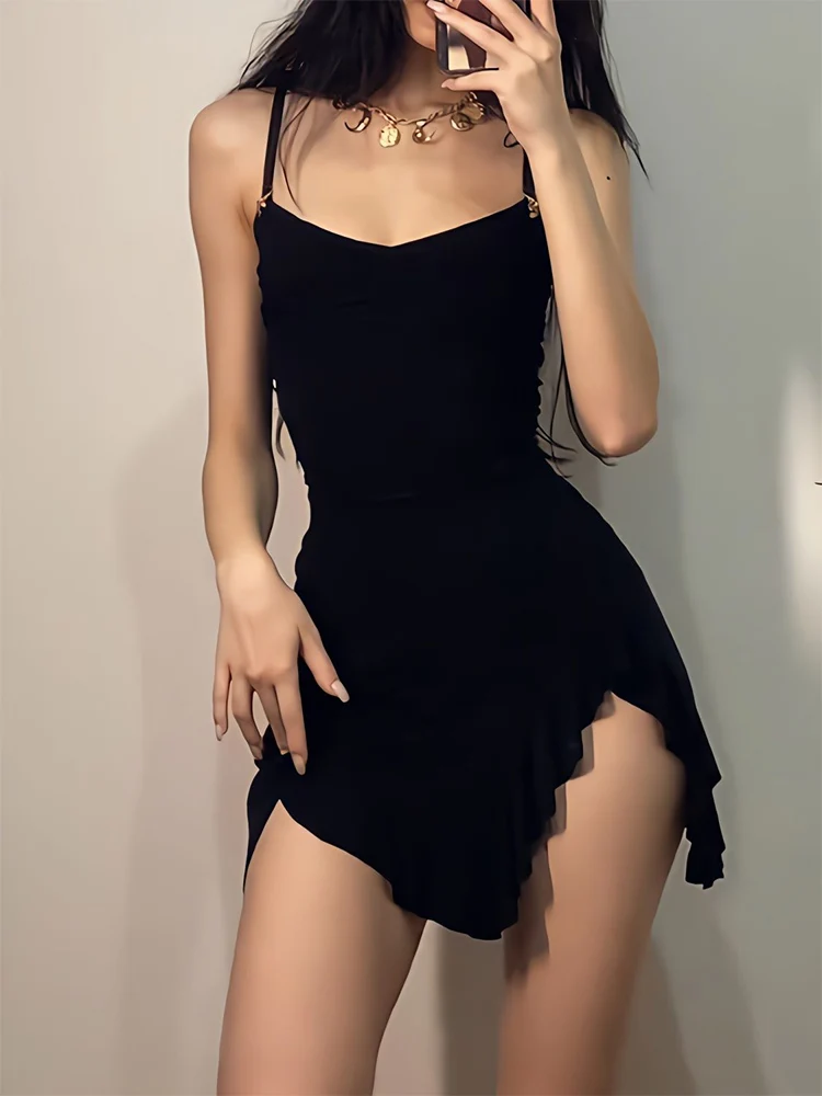 Summer Sexy Women’s Sleeveless Mini Dress Backless Strap Black Bodycon Split A-Line Elegant Streetwear Party Wear