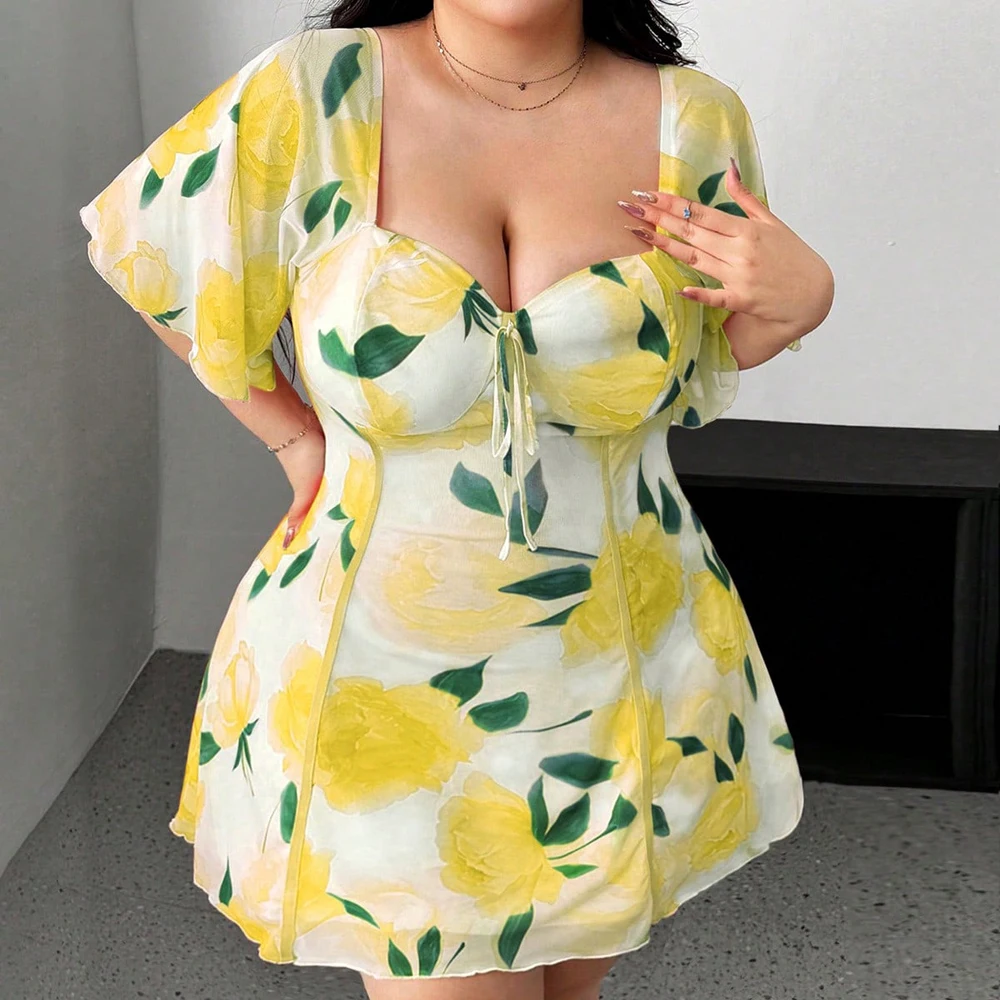 Plus Size Romantic Floral Pink Yellow Ruffle Sleeve Dress Short Sleeve V Neck Waistband Fitted Tiered - Image 5