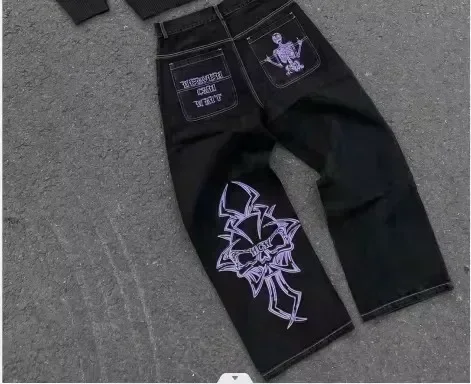 American Pocket Embroidered Sequin Jeans Harajuku Retro Blue Loose Jeans New Fashionable High Waisted Slim Fit Flared Pants - Image 7