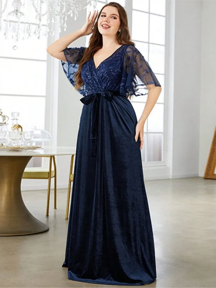 Plus Size Summer Formal Dress Women Sequin Bling Floral Velvet Patchwork Fashion Elegant Ladies Dresses High Waist Woman Dress - Image 2