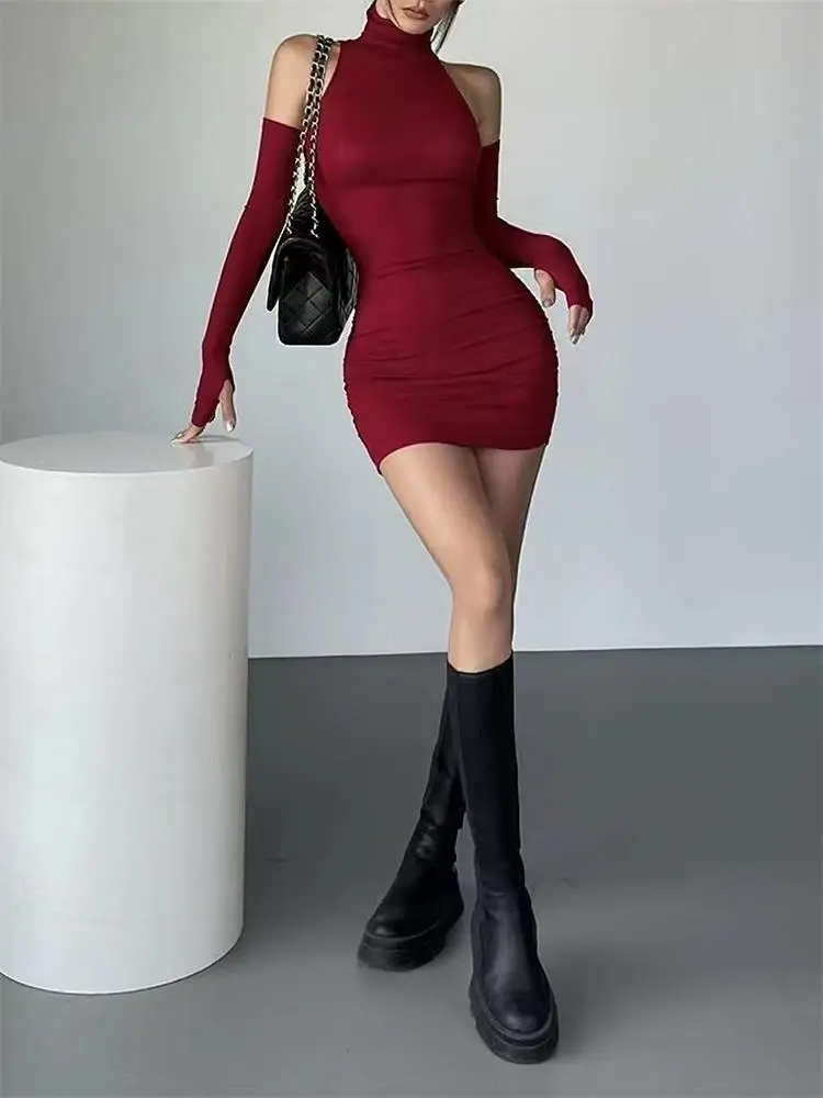 Ruched Bodycon Dress Women Turtleneck Mini Dresses With Sleeves Autumn Black Skinny Stretchy Party Vestidos Fashion Y2K Clothing - Image 2