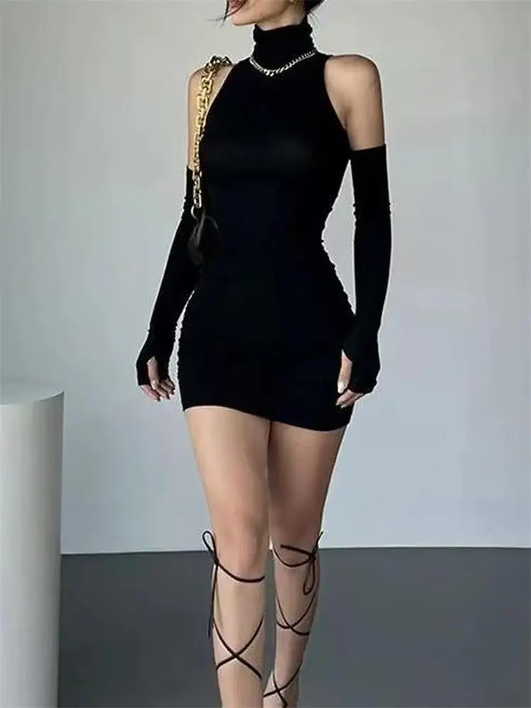 Ruched Bodycon Dress Women Turtleneck Mini Dresses With Sleeves Autumn Black Skinny Stretchy Party Vestidos Fashion Y2K Clothing - Image 3