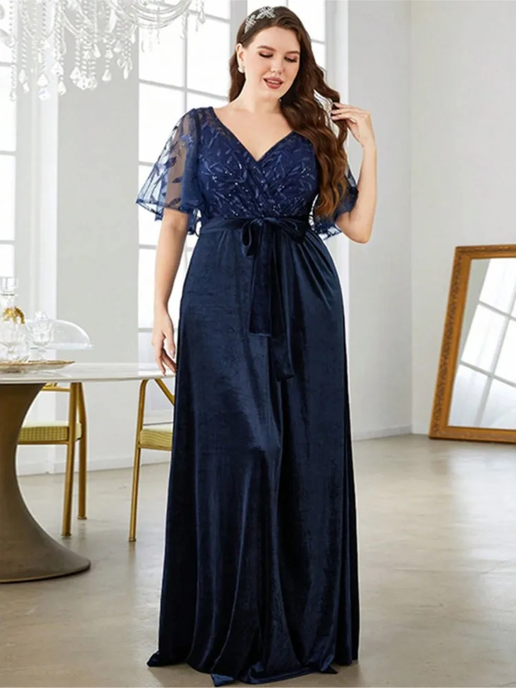 Plus Size Summer Formal Dress Women Sequin Bling Floral Velvet Patchwork Fashion Elegant Ladies Dresses High Waist Woman Dress - Image 3