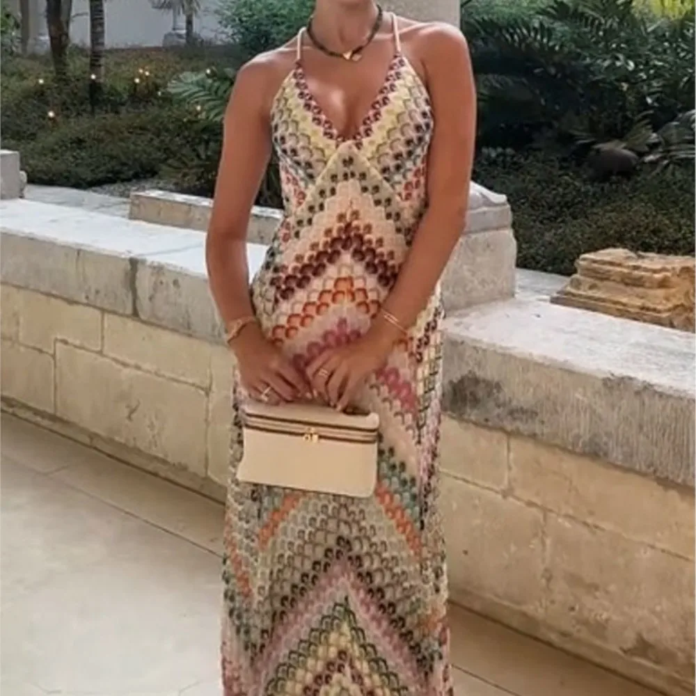 New Spring Summer Sexy Dress With Contrasting Color Strapless Sleeveless Backless High-waisted Elegant V-neck Long Dresses